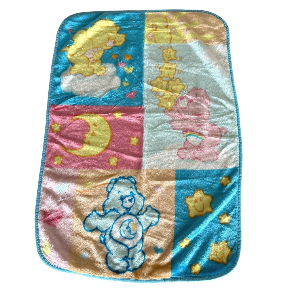 Care Bears VTG Plush Fleece Blanket Baby Toddler Blue Pink Patchwork Stars Moon